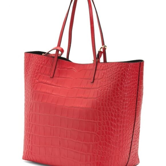 New Authentic Alexander McQueen Croco Tote Bag w/ Gold Skull Charm Red Leather - Picture 5 of 11